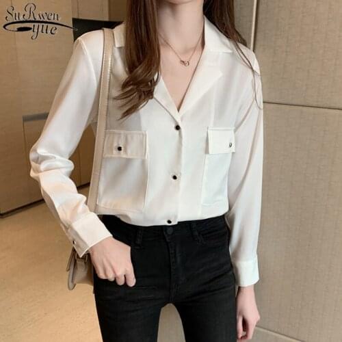 2021 Spring Fashion Women Shirts Korean Style White Tops All-match V Neck Shirt Long Sleeve Chiffon Blouse with Large Pocket