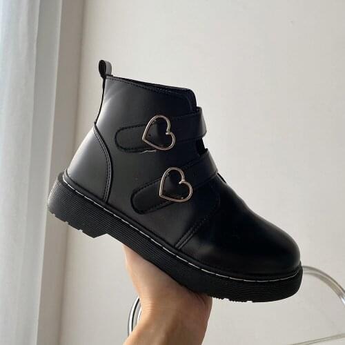 Punk Women Boots Black Platform Pu Leather Heart Decro Buckle Fashion Short Boots Female Casual Shoes For Girl Motorcycle Boots