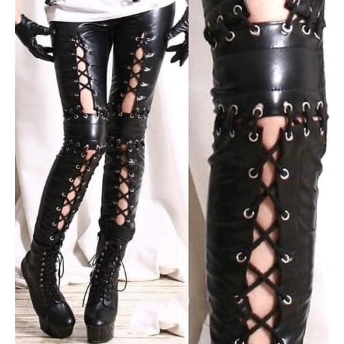 Women Gothic Faux Leather Elastic Leggings Hollow Out Lace Up PU Leggins Leggings Lady Fetish Sexy Black Punk Rock Skinny Pants