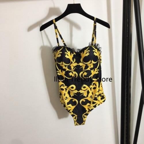 Women Sexy Gold Print One-piece Summer Ruffled Swimsuit 2021 New Girl Lace Monokini Swimwear Beach Bathing Suits bañadores mujer