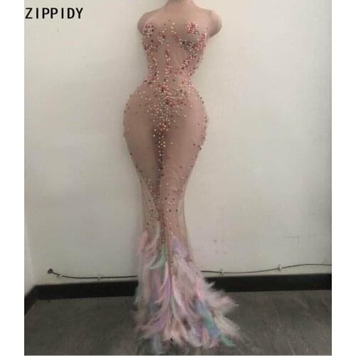 Transparent Multi-color Pearl Feather Tail Dress Bar Prom Birthday Celebrate Outfit Women Dance Show Long Dress