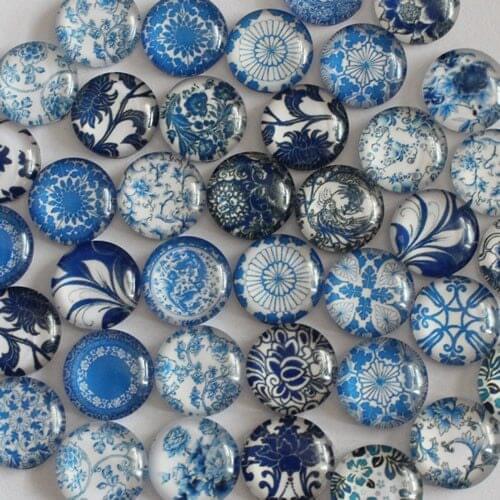 10mm Mixed Style Blue and white Porcelain Round Glass Cabochon Flatback Photo Dome Cameo Pendant Settings 50pcs/lot (K02823)