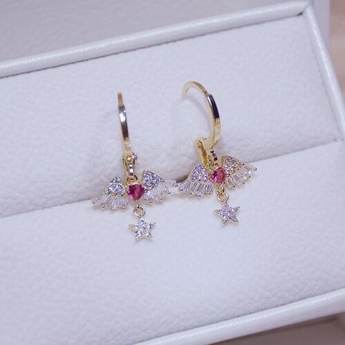 14K Real Gold Elegant Angels Wing Stud Earrings for Women AAA Cubic Zircon Delicate Jewelry Earrings