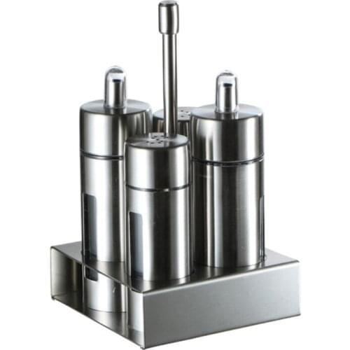 4 Pcs Stainless Steel Spice Jars Set with Storage Rack Cruet Condiment Salt and Pepper Seasoning Cooking Bottle Kitchen