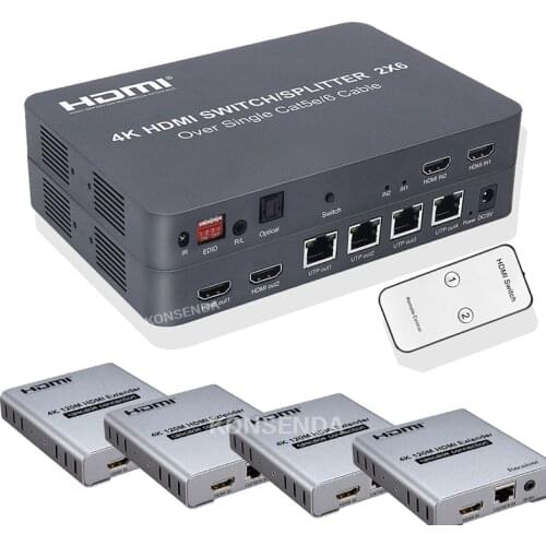 4K 30HZ HDMI Extender 100M 2x6 HDMI Switch Splitter Transmitter 2 HDMI Input Output + 4 Channels RJ45 Ethernet Cable Extension