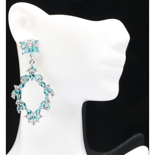 46x22mm Romantic Created London Blue Topaz Natural White CZ Gift For Ladies Silver Earrings