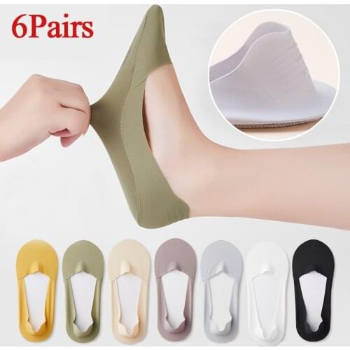 6Pairs Ladies Summer Thin Sock Slippers Silicone Antiskid Ice Silk Socks Seamless Invisible Women Boat Socks