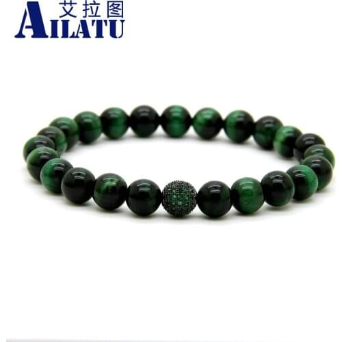 Ailatu Hot Sale 8mm A Grade Green Tiger Eye Stone Beads with 9mm Micro Paved Green Cz Ball Beaded Mens Party Gift Bracelet