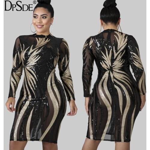 DPSDE Print Mesh O Neck Sexy Bandage Dress See Through Full Sleeve Show Thin Dress For Women Night Club Bodycon Black Dress
