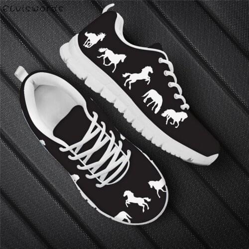 ELVISWORDS New Fashion Women Casual Shoes Sketch Horses Print Black Flats for Youth Girls Breathable Comfortable Spring Sneakers