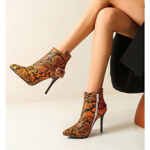 Hot Sale Snake Print Elegant Women Boots Sexy Extreme Fetish Thin High Heels Party Pointed Toe buckle Ankle Boots Woman Shoes