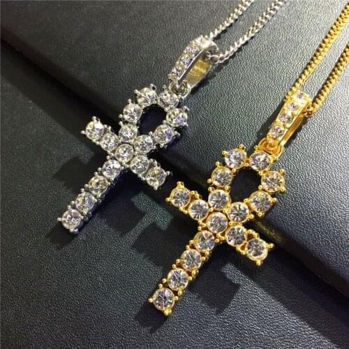 Fashion Iced Out Egyptian Ankh Key Zircon Pendant Necklace With Gold Chain Rhinestone Mens Necklace Hip Hop Jewelry