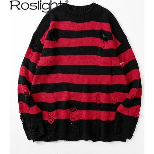 Black Striped Sweater Destroyed Ripped Sweater Men Pullover Hole Knit Jumpers Punk Unisex Sweatshirt Harajuku Long Sleeve Tops