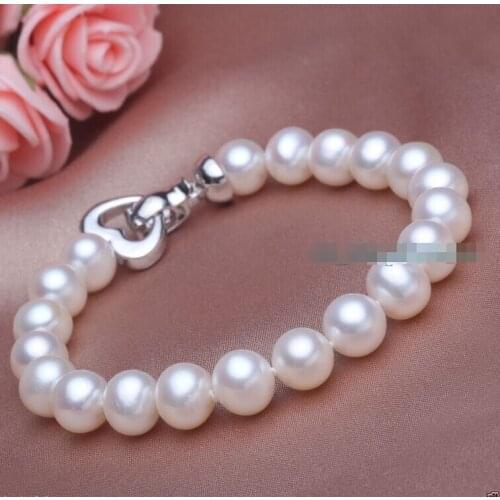 Natural AAA 8-9mm White cultured genuine Pearl Bracelet 925 heart claspNoble style Natural Fine jewe Fast SHIPPING