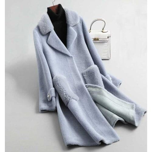 2019 Women 100% Cashmere Blue Coat Elegant Suede Inner Furry Coat Fashion Winter Warm Coat With Pocket Casaco Feminino