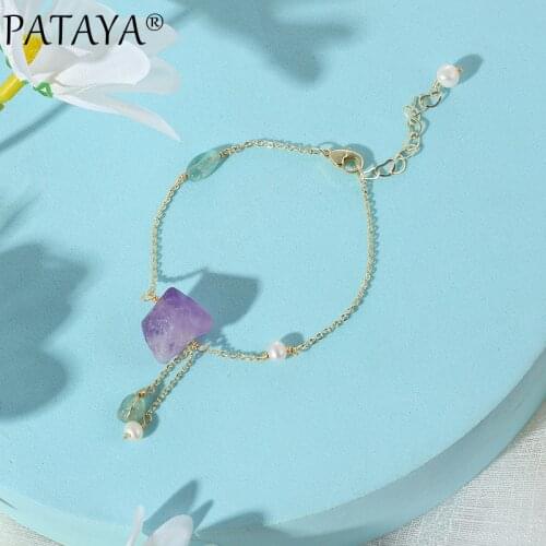 PATAYA New Natural Irregular Purple Crystal Bracelet White Pearl Green Stone Women Bracelet 585 Rose Gold Party Fashion Jewelry