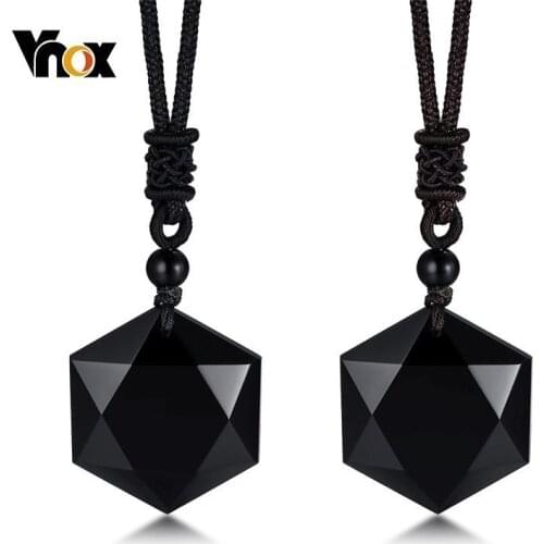 Vnox Drop Shipping Black Obsidian Necklace Star Of David RongDe Men Pendant Lucky Love Crystal Jewelry With Free Adjustable Rope