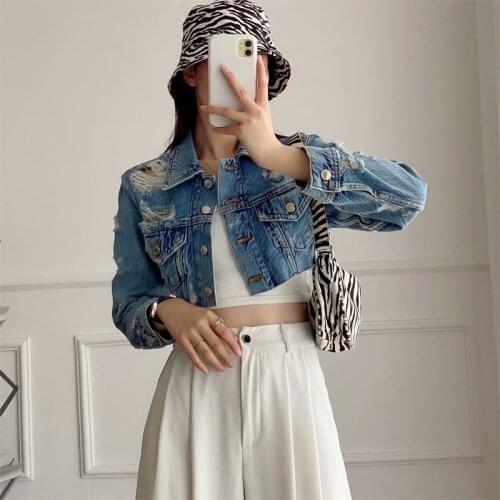 MESTTRAF Women 2021 Fashion Hole Decoration Short Denim Jacket Retro Long Sleeve Single Breasted Coats Streetwear