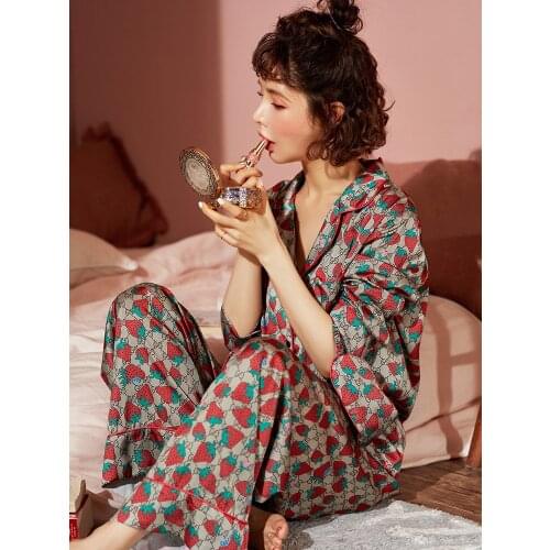Pajamas Summer Ice Silk Long Sleeve Three Piece Suit Nightwear Version Loose Large Strawberry Sleepwear Womens Home Clothes