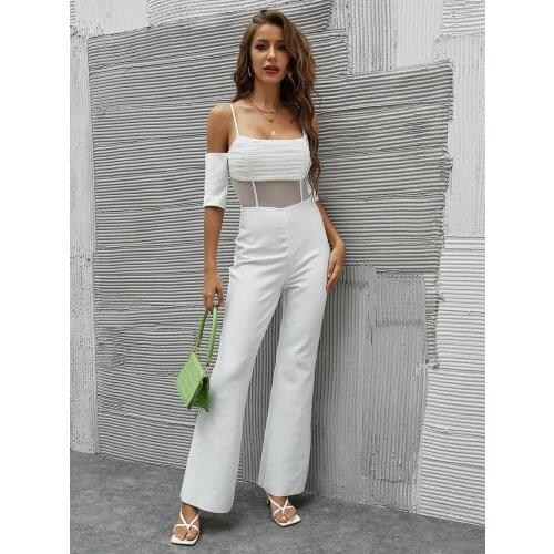 Women Summer Fashion Luxury Sexy Mesh Short Sleeve White Bodycon Bandage Jumpsuit 2021 Celebrity Designer Bodycon Female Rompers