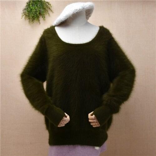 Ladies women fashion green hairy mink cashmere knitted o-neck long sleeves loose pullover angora fur jumper winter sweater pull