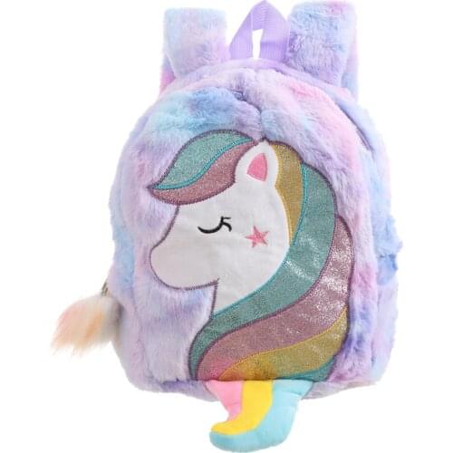 Winter Fur Unicorn Backpacks For Girls Cute Kindergarten Backpack Rainbow Schoolbag Cartoon Baby School Bags Childrens Gift