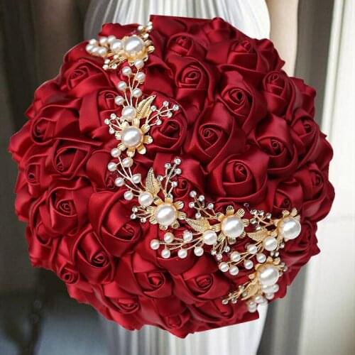 1pc/lot Wine Wedding Bouquet Gold Diamond Silver Diamond Pearl Decoration Bridal Wedding Bouquet Artificial Ribbon Rose