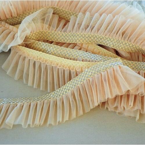 5meters/lot New Ruffled Lace Trim Ribbon 12cm Wide 2 layers Mesh Pleated Lace with Sequins Edge DIY Sofa,Doll Dress,Crafts decor