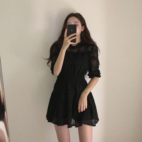 FIXSYS Elegant Sweet Lace Dress Women Fashion Party Night Collect Waist Dresses Korean O-neck Half-sleeve Kawaii Mini Dress