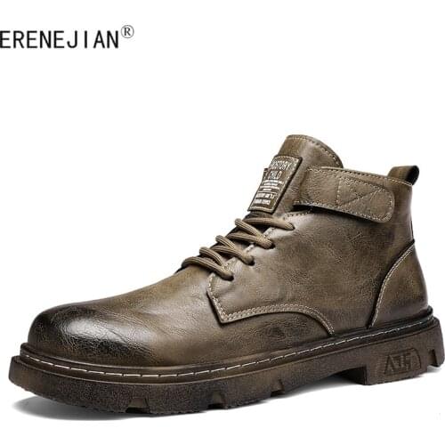 ERENEJIAN Fashion Mens Leather Martin Boots 2021 New Motorcycle Biker Botas Waterproof Non Slip High Top Shoes Sneakers