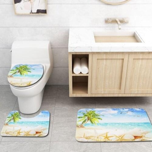 Seaside Coconut Tree Bathroom Mat Toilet Three-Piece Set Home Anti Slip Liner Foam Durable Cover Shower Carpets Bathroom Mat Set
