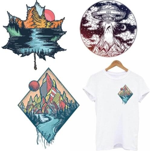 Pulaqi Mountain Space Patch Iron On Patches For Clothing Rivers Thermo-stickers On Clothes Applique Adventure UFO Badge Stickers