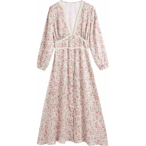 New Women Vogue Single Breasted Printed Midi Shirt Dress V-neck Three Quarter Sleeves Vintage Female Dresses Woman Robe