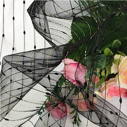 Mesh LACE Fabric Black and White Transparent Perspective Gold Stripe Mesh Embroidery Fabric Lace Dress Fabric H026