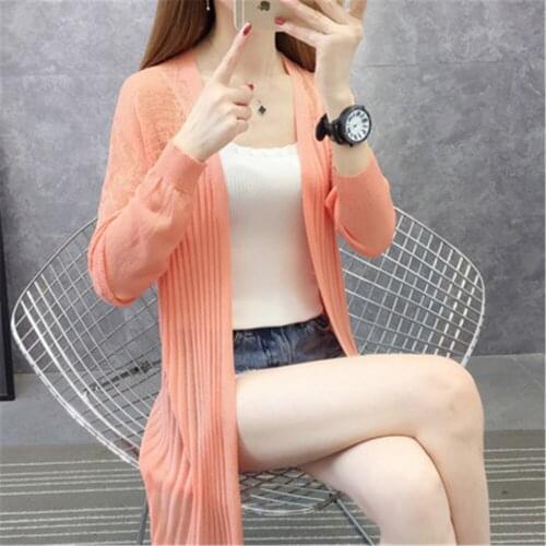 Thin Ice Silk Knitted Cardigan Womens Hollow Out Medium Length Sunscreen Clothing Fashion Korean Jacket Air Conditioning Shirt