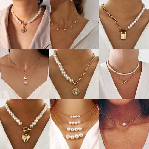 Yobest Vintage Baroque Irregular Pearl Lock Chains Necklace 2021 Geometric Aangel Pendant Love Necklaces for Women Punk Jewelry