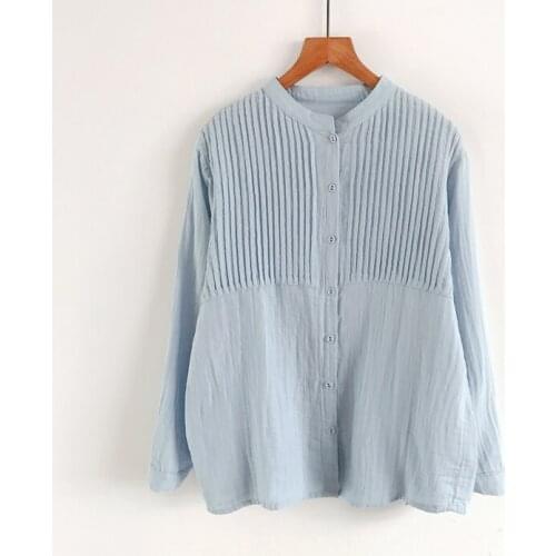 2020 Autumn New Blouse Simple Temperament Stand-Up Collar Organ Pleat Design Loose Double Layer Cotton Shirt Women Long Sleeves