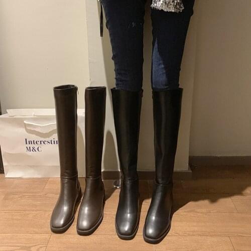 2020 New Winter Leather Women Knee High Boots Motorcycle Square Toe Zip Footwear Low Heels Female Riding Boot Woman Long Boots