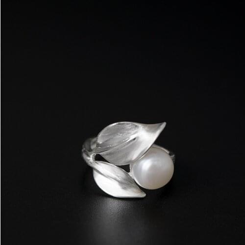 925 Sterling Silver Freshwater Pearls Leaves Open Rings For Women Lady Handmade Elegant Banquet Daily Jewelry