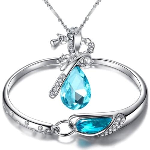 Aquamarine Gemstones Blue Crystal Bangle Cuff Bracelets &pendant Necklace Jewelry Sets For Women Diamonds Accessories Party Gift