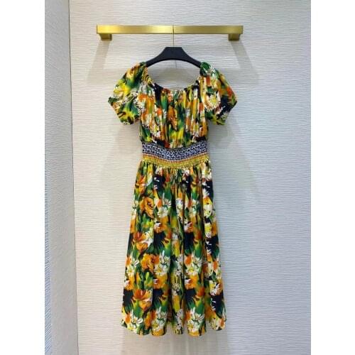 2021 New Summer Autumn Women Elegant Slim Midi Dress High-end Flowers Print Slash Neck Short Sleeves Waist Elastic Runway Dress