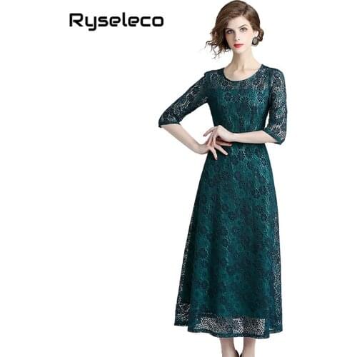 Autumn Crochet Floral Full Lace Dresses Women Elegant Hollow Out Vestido Work Casual Slim Sexy A-line Chic Long Maxi Party Dress