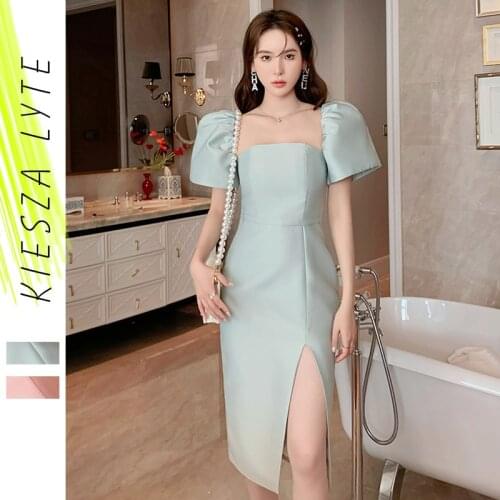 Woman Dress Solid Bubble Short Sleeve Square Neck Elegant Middle Length Slit French Evening Party Dresses