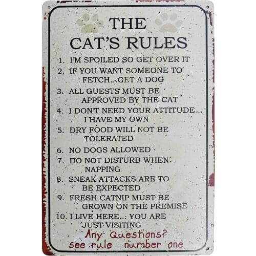 The Cat Rules Tin Sign Vintage Metal Tin Sign Wall Art Pub Bar Gifts for Cat Lovers Pet Sign