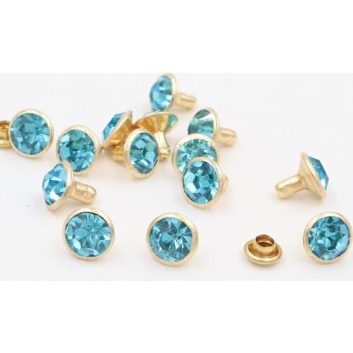 100Sets 8mm Aquamarine Crystal Rhinestone Rivets Golden Metal Base Studs For Clothing Bag Leathercraft Rivet