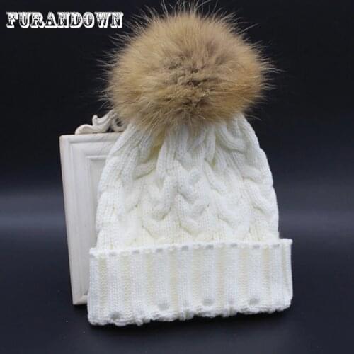 2019 Winter Autumn Womens Hat Wool Knitted Skullies Beanies 100% Real Raccoon Fur Pompom Hats For Women