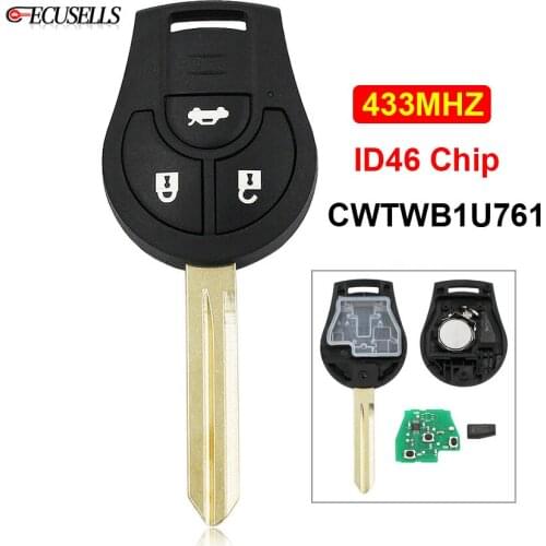 3 Button Remote Car Key 433MHz ID46 Chip FCC ID: CWTWB1U761 with Uncut Blade for Renault Pulse Scala For Nissan Micra K13 Juke