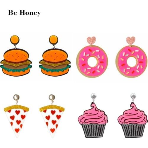 Cute Foods Hamburger Donut Slice of Pizza Cupcake Pendants Acrylic Stud Earrings For Girls Funny Cartoon Colorful Party Jewelry