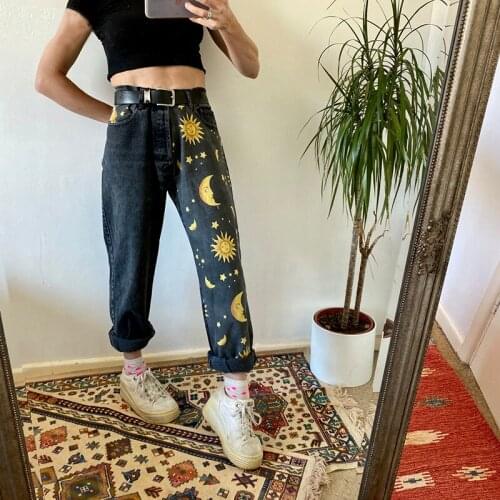 Sun Moon Star Pattern Printed Casual Straight Denim Pants Streetwear Washed Boyfriend Jeans High Waist Loose Jeans