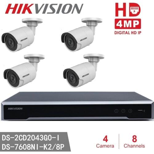 Hikvision NVR DS-7608NI-K2/8P 8CH 8 POE + 4pcs Hikvision DS-2CD2043G0-I 4MP High Resoultion WDR POE IR IP Bullet Camera